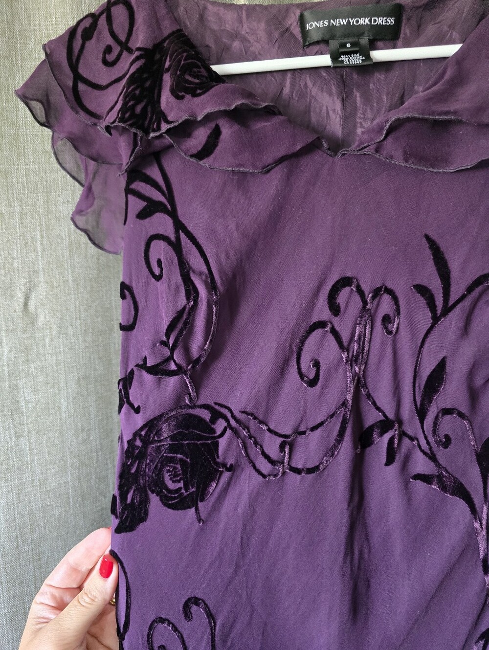 Vtg 90s Jones New York Purple Silk Burnt Velvet Floral Ruffle Midi Dress 6 Fairy - Picture 2 of 4